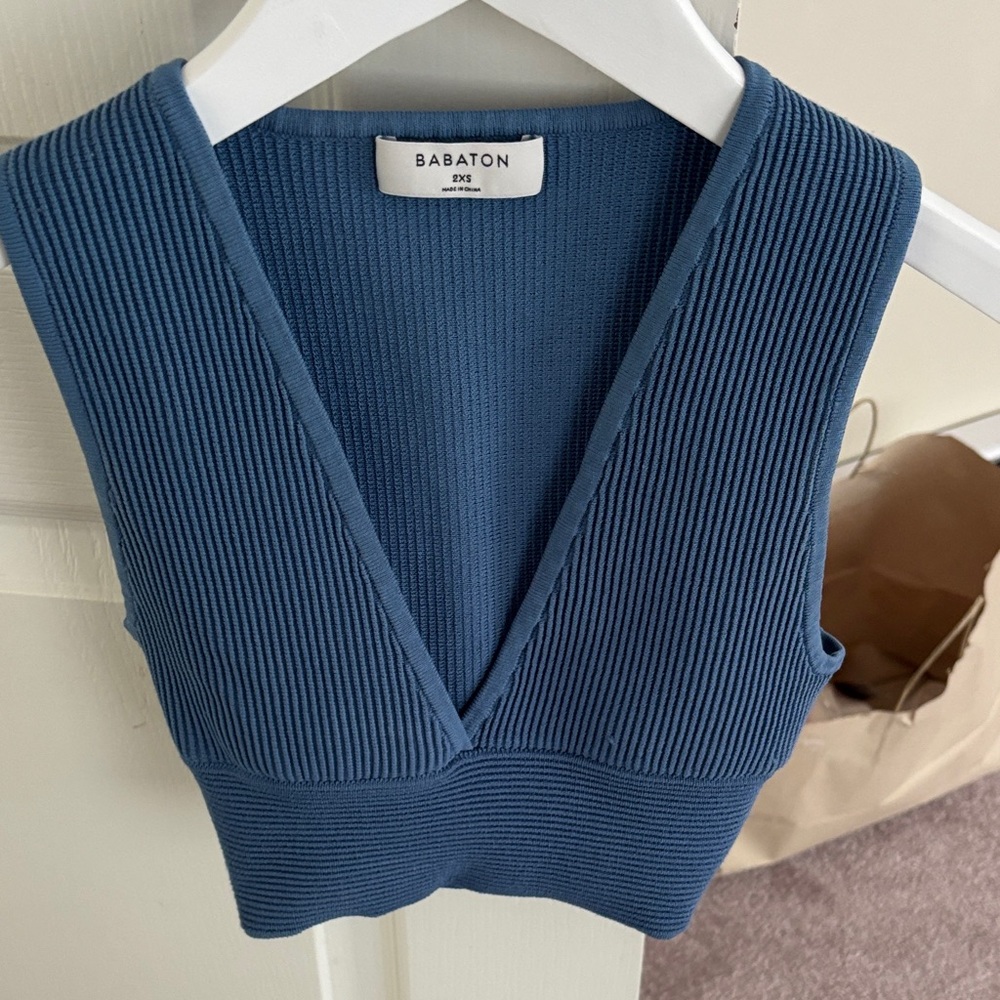 Babaton Deep Blue Ribbed V-Neck Tank Top